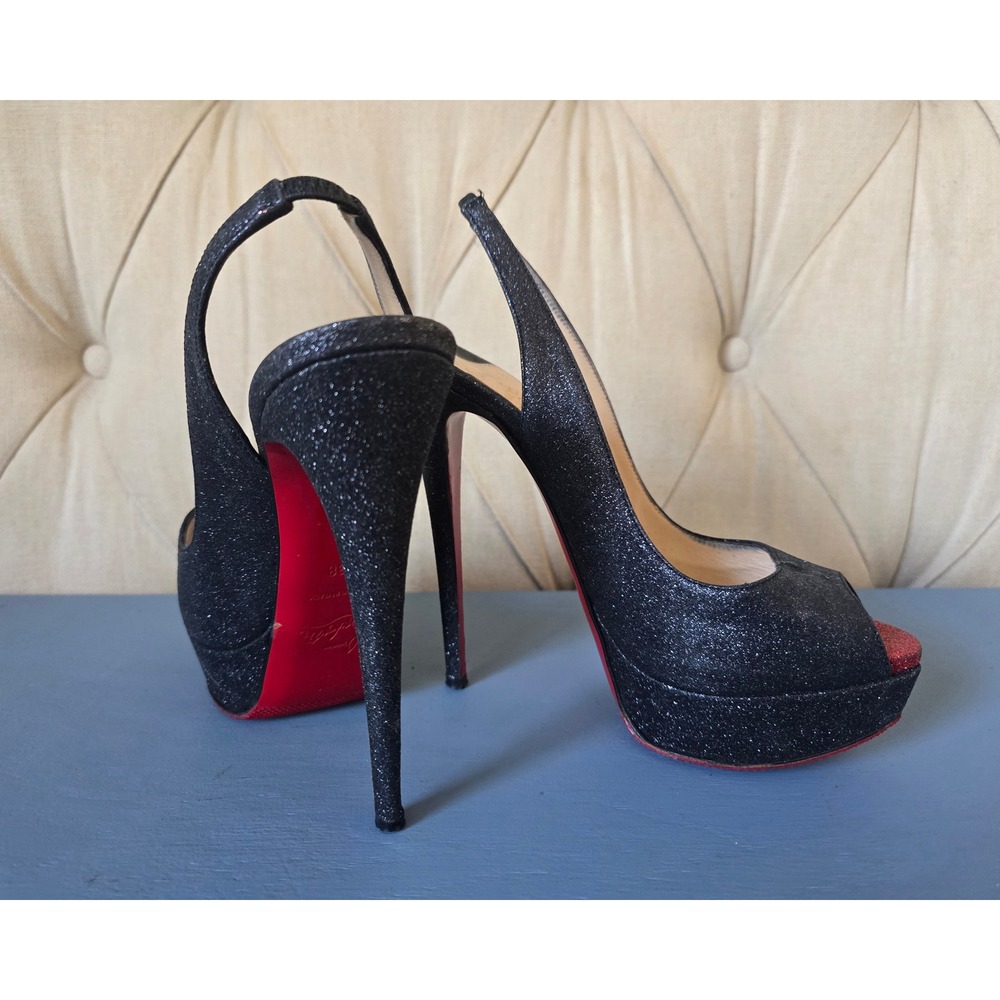 Christian Louboutin Lady Peep Sling Platform Heels Black Glitter Red Bottom